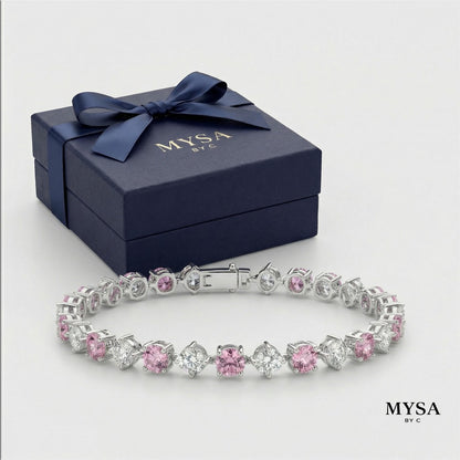 MYSA Rose Bloom Bracelet Gelang Tangan Wanita Silver Kristal Pink Cubic Zirconia Mewah