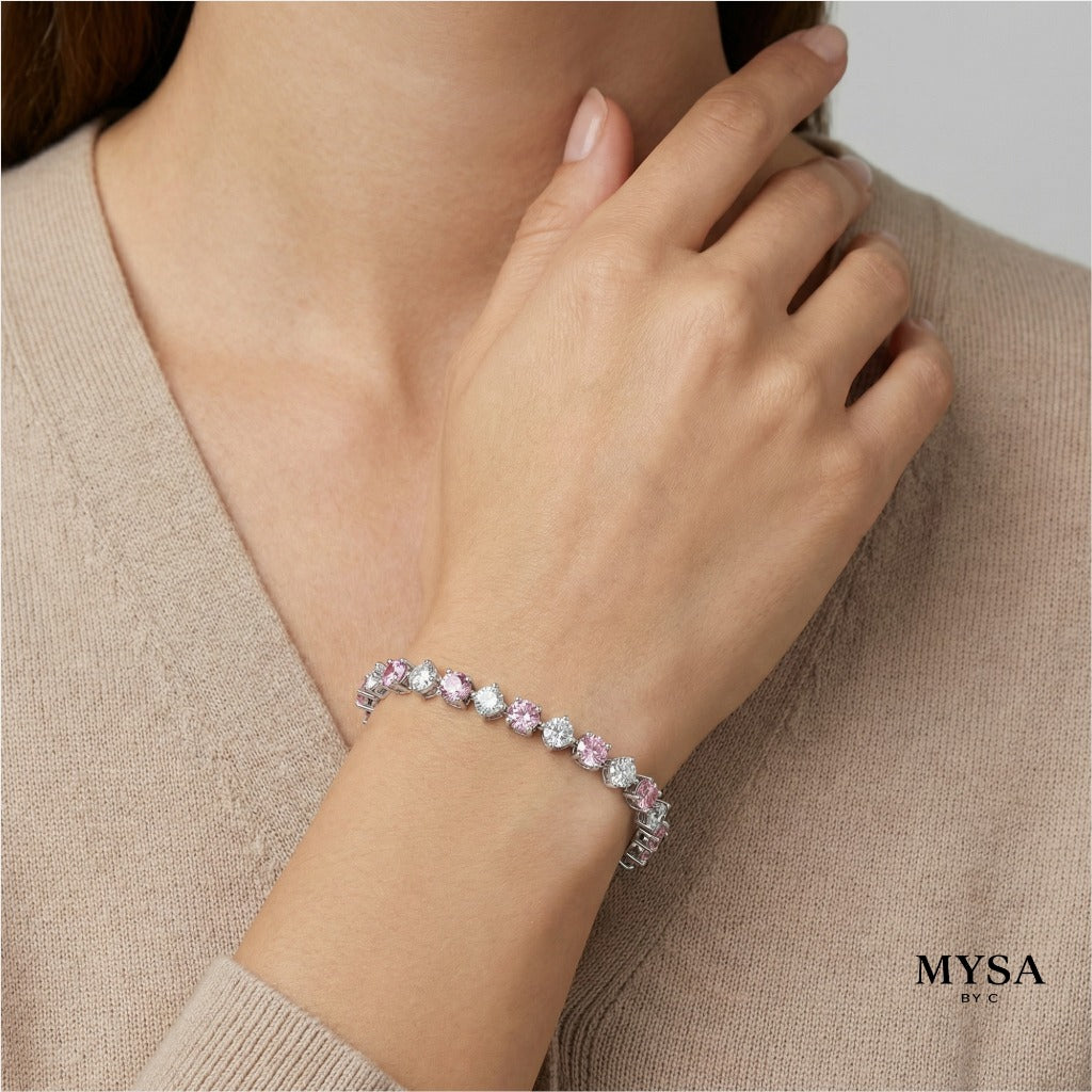 MYSA Rose Bloom Bracelet Gelang Tangan Wanita Silver Kristal Pink Cubic Zirconia Mewah